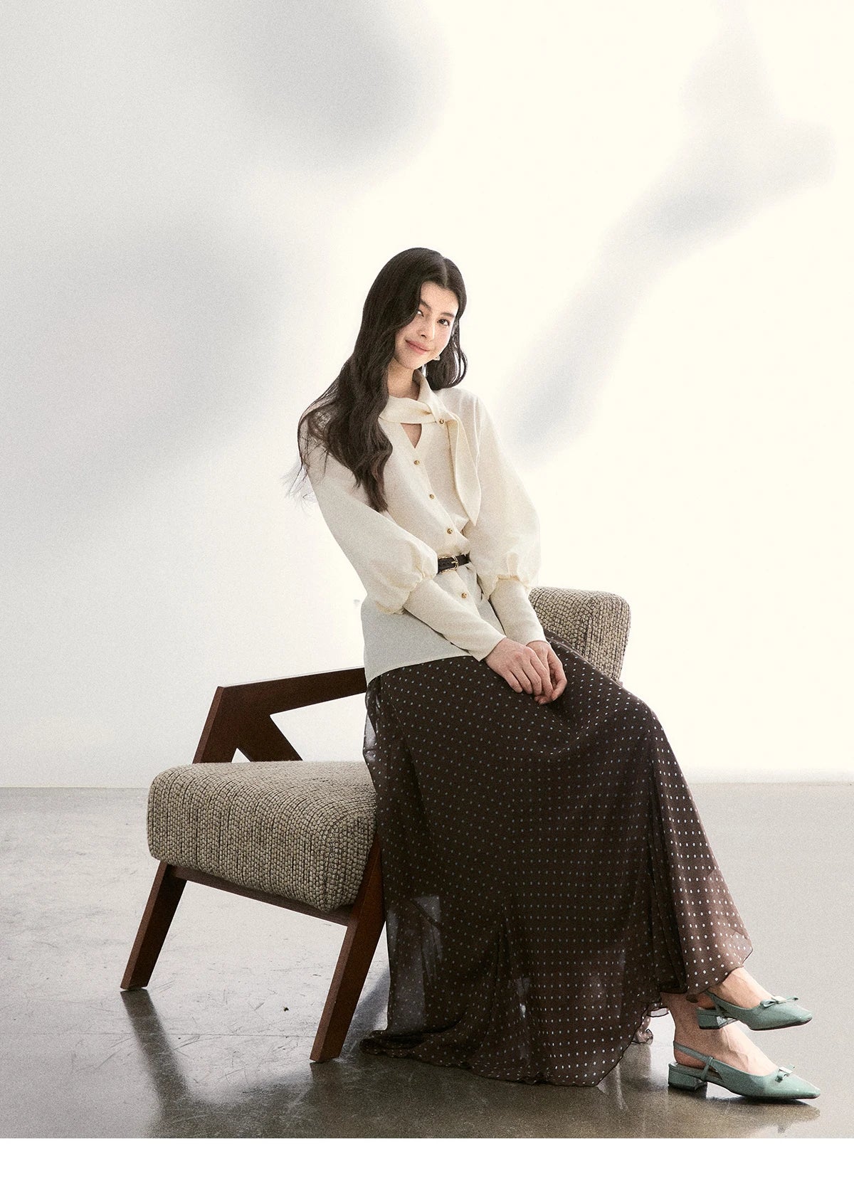 MISHOW Women's Tie Neck Shirt Hollow Out Knitted Patchwork Puff Sleeve MXF108C0812