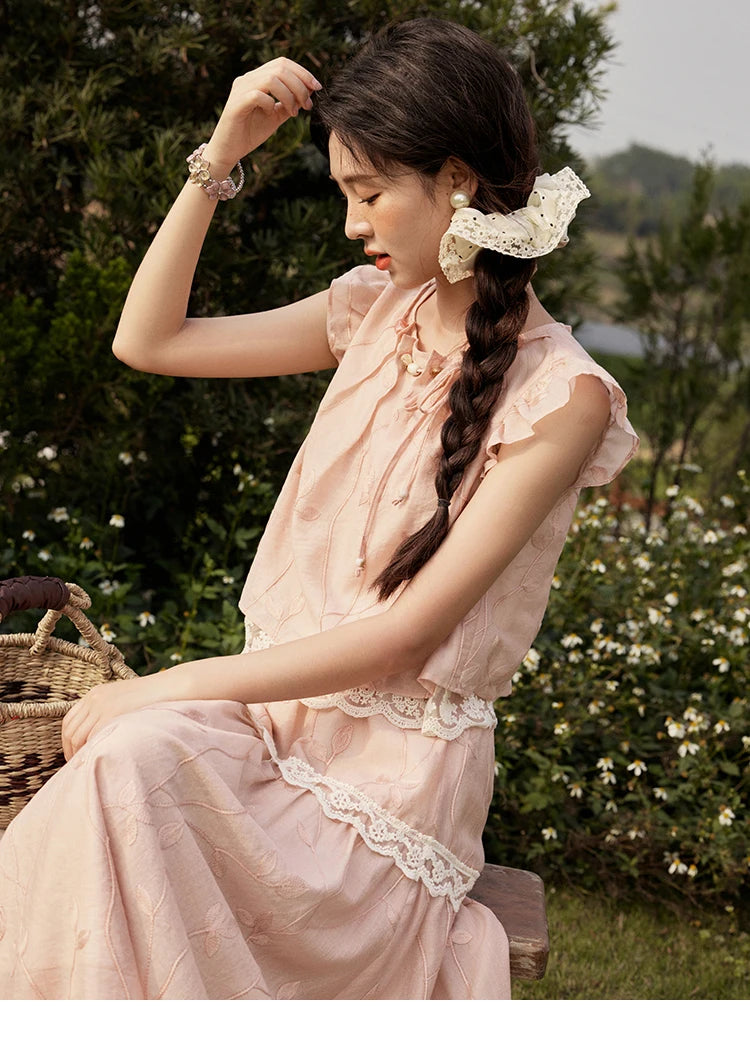 Mishow Short Flying Sleeve Top & Hollow Embroidery A-Line Skirt Set MXE33T0545