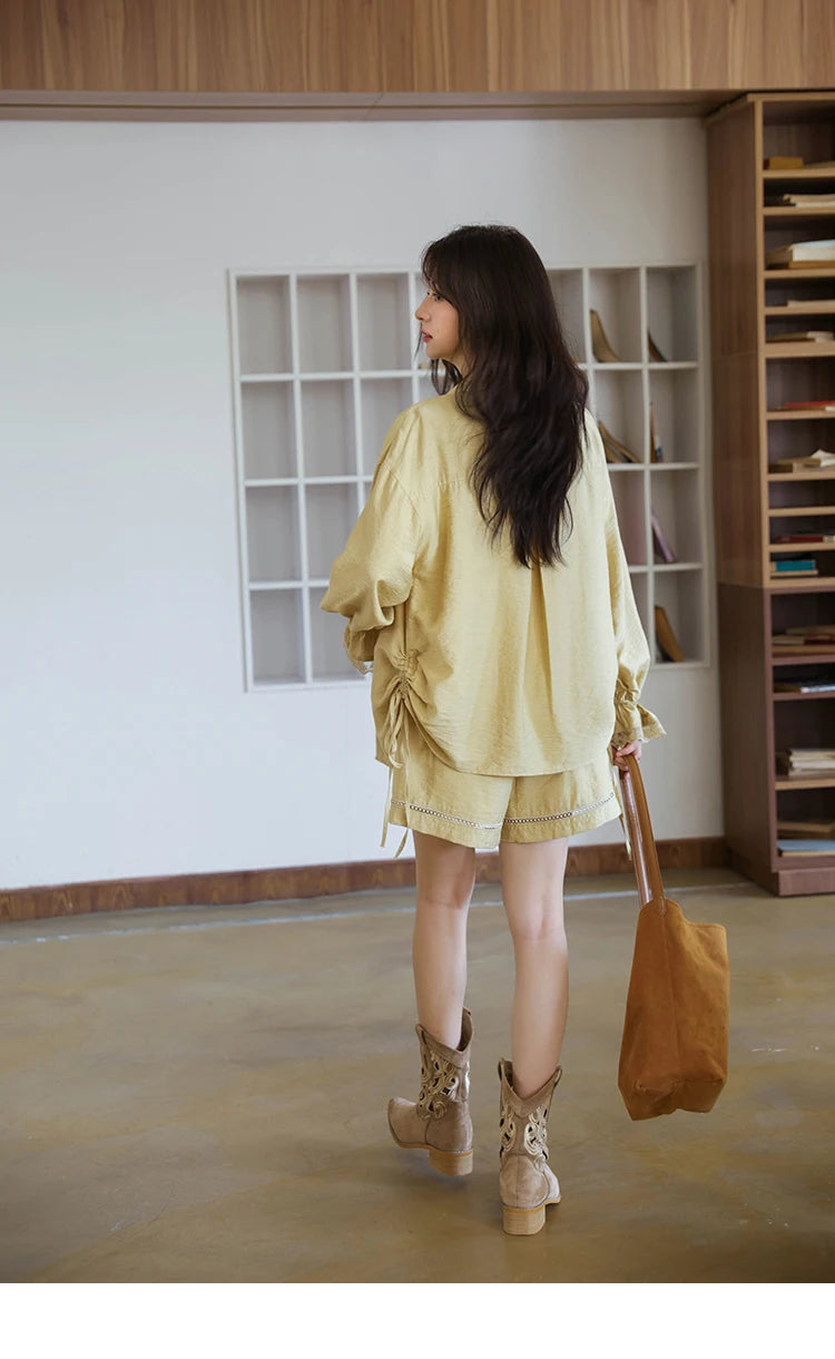 Mishow Yellow Linen Lace Shirt & Camisole & Shorts Three-Piece Set MXE42T0718