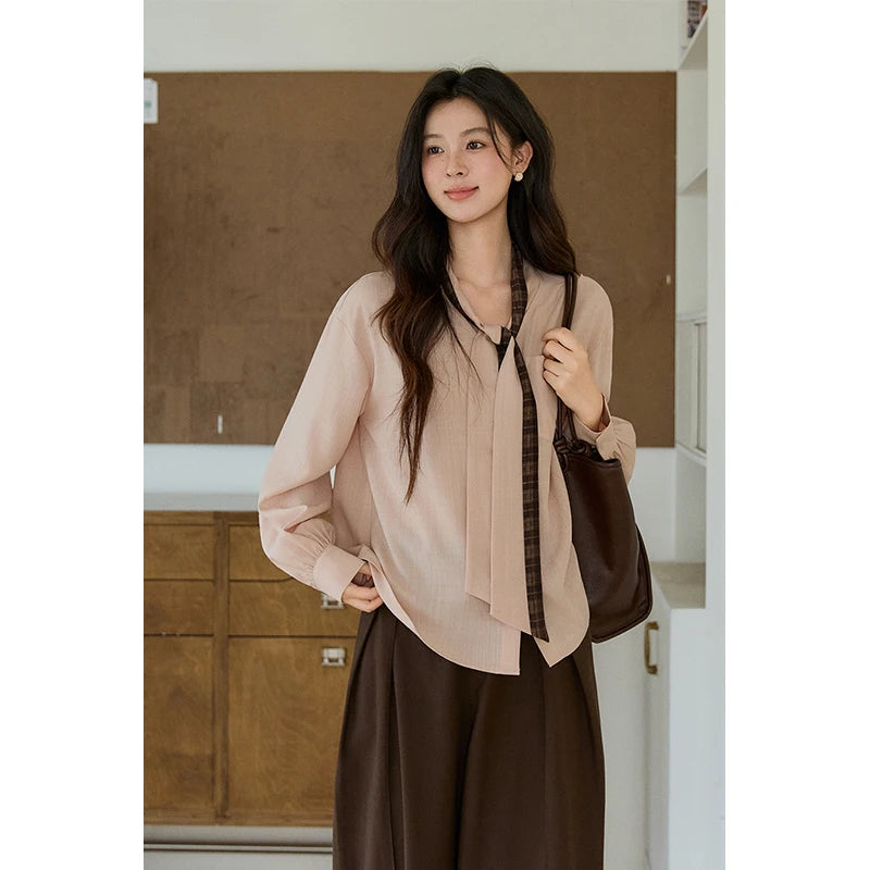 MISHOW Dusty Pink Shirt Plaid Tie Neck Lantern Sleeve MXF108C0817