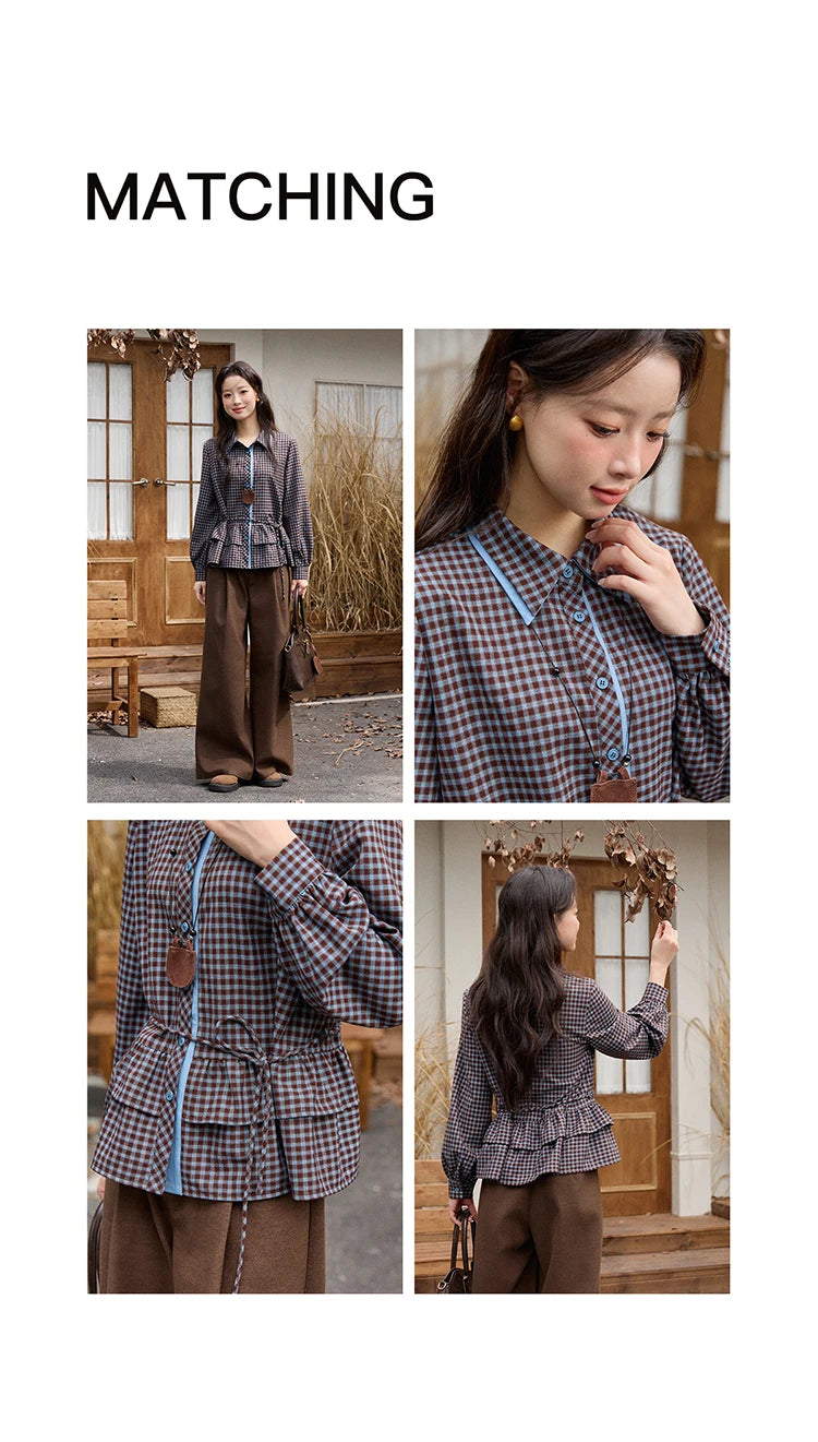 MISHOW Blue Plaid Shirt Lantern Sleeves Ruffled Hem MXE89C2420