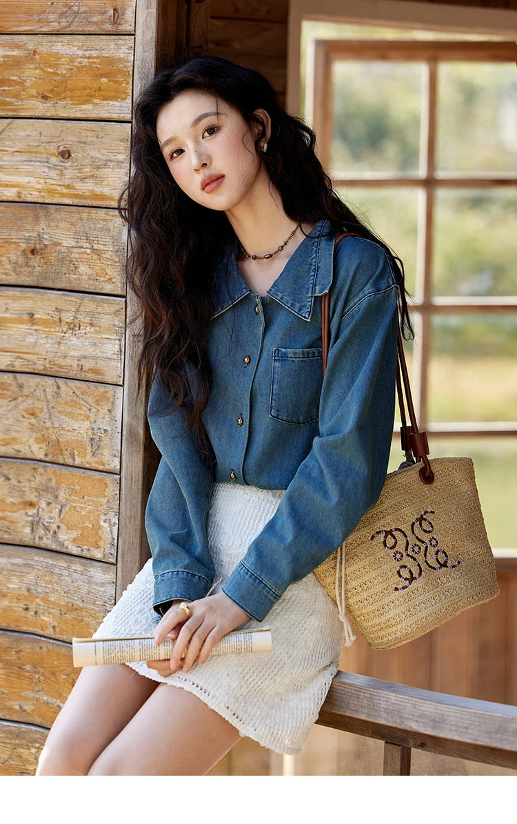 MISHOW Washed Denim Shirt Double Layered Patchwork Collar Metal Buckle MXE12C0751