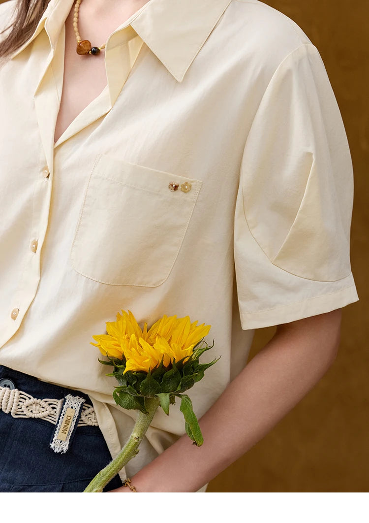 MISHOW French Turn-Down Collar Short Sleeve Solid Blouse MXE33C0778