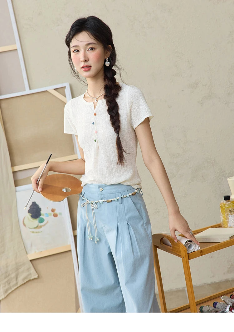 MISHOW Sea Salt Blue Wide Leg Pants Contrasting Bead Belt MXE35K0931