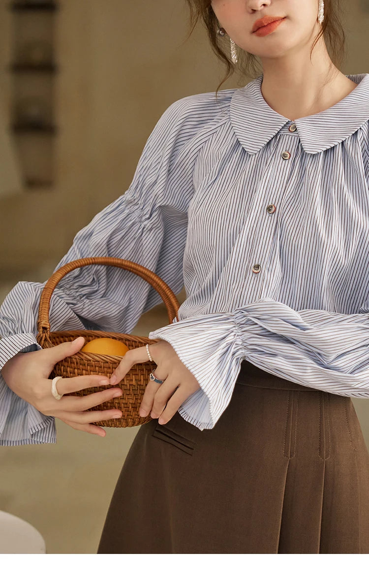 MISHOW Blue Stripe Shirt Bubble Sleeves Doll Neck MXD12C0163