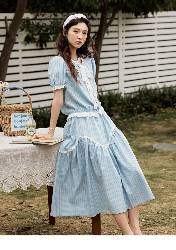 Mishow Blue Stripe V-Neck Top & A-Line Skirt Set MXE31T0531