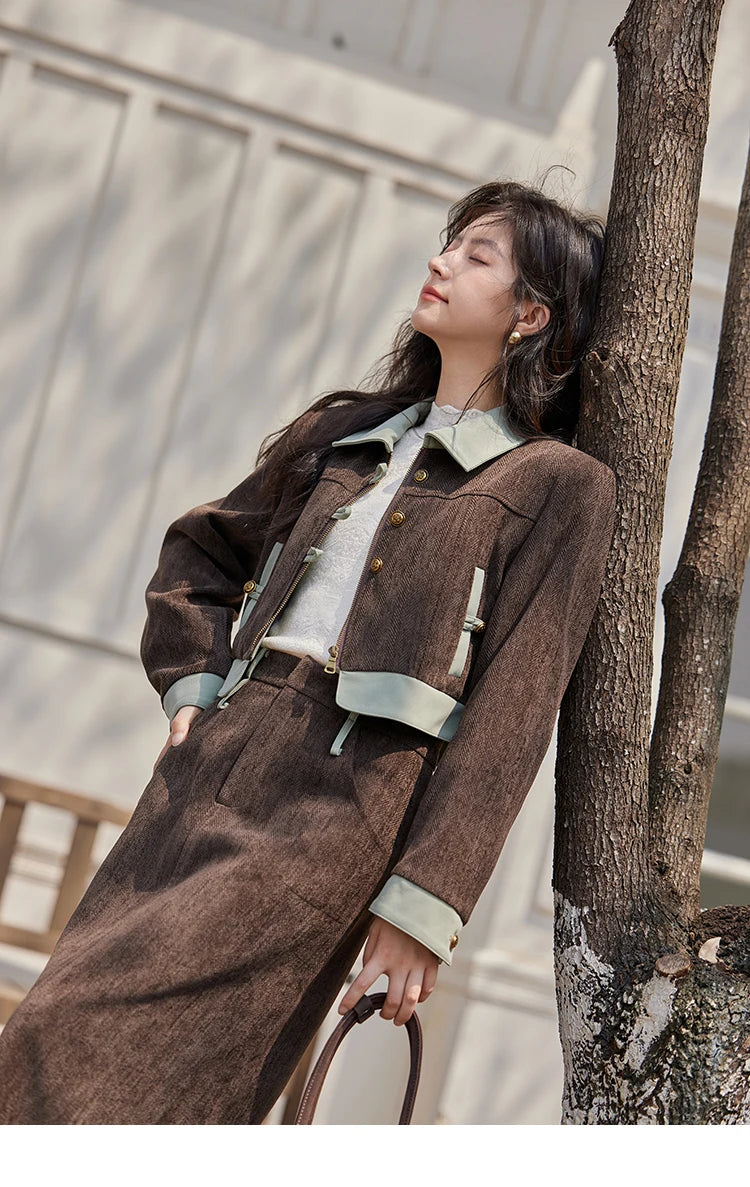 Mishow Fragrant Lapel Jacket & Contrasting Leather Skirt Set MXD43W0444