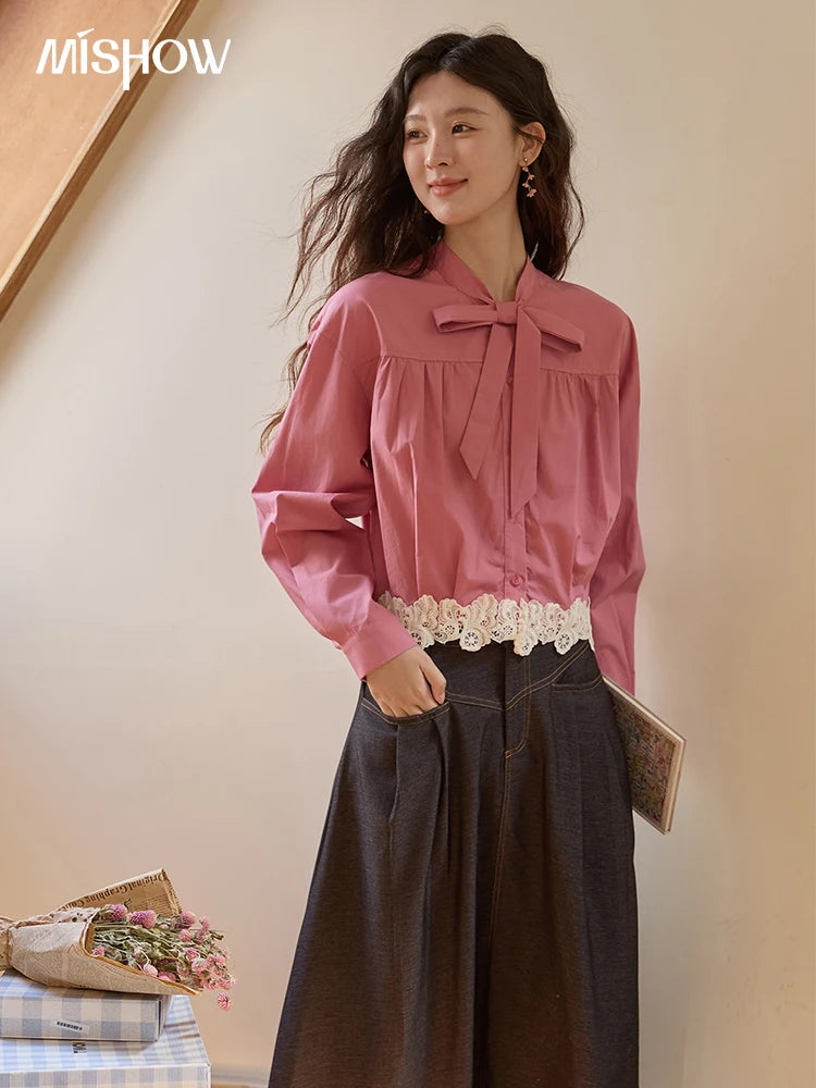 MISHOW Rose Red Stand Collar Shirt Bow Tie Hem Lace MXE43C2380
