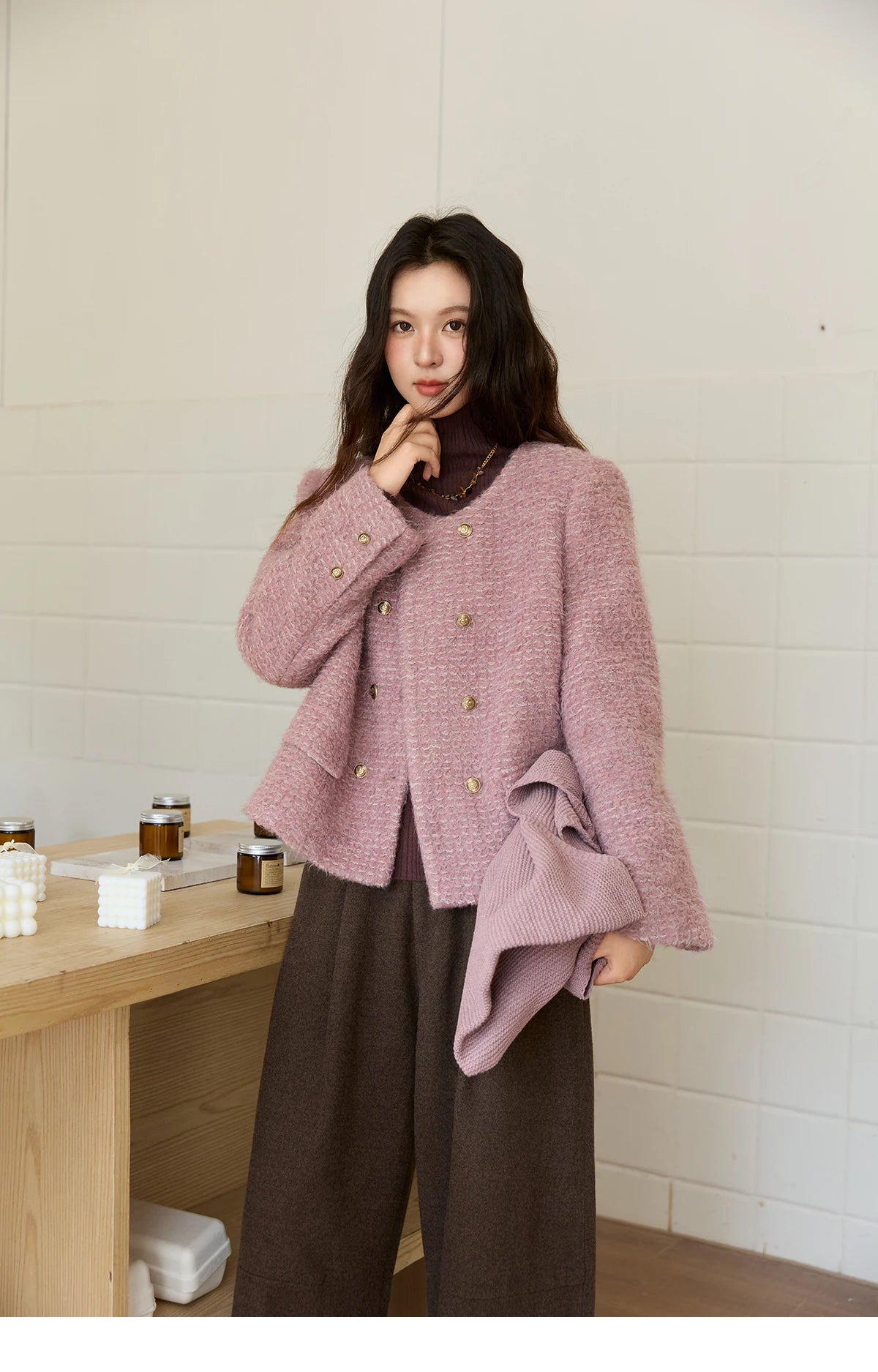 Mishow Purple Double-Breasted Tweed Wool Coat MXE88W0881