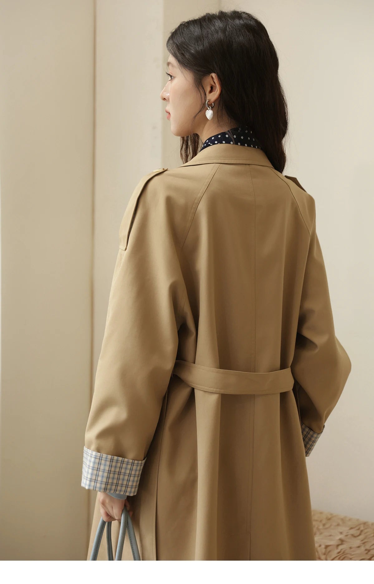Mishow Khaki Retro Plaid Flip Sleeve Trench Coat MXE44W0814
