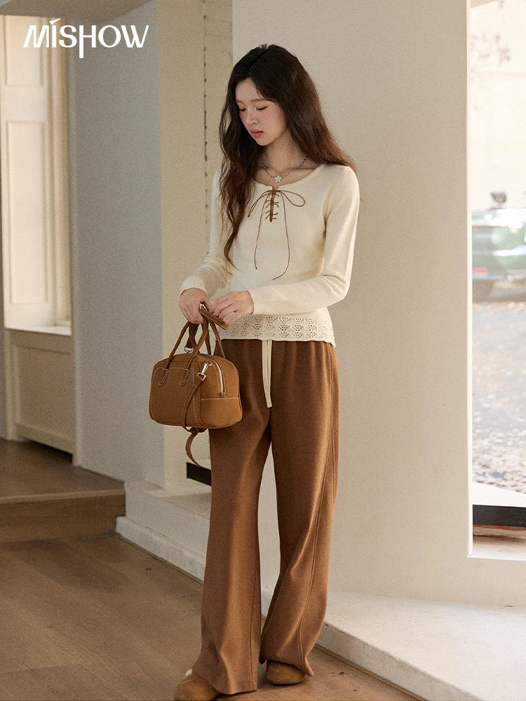 Mishow Beige Contrast French Hem Crochet Sweater MXE89Z2634