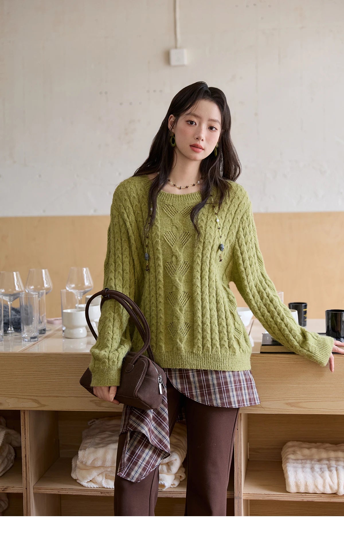 Mishow Green Retro Twisted Rope Hollow Pullover MXE49Z2520