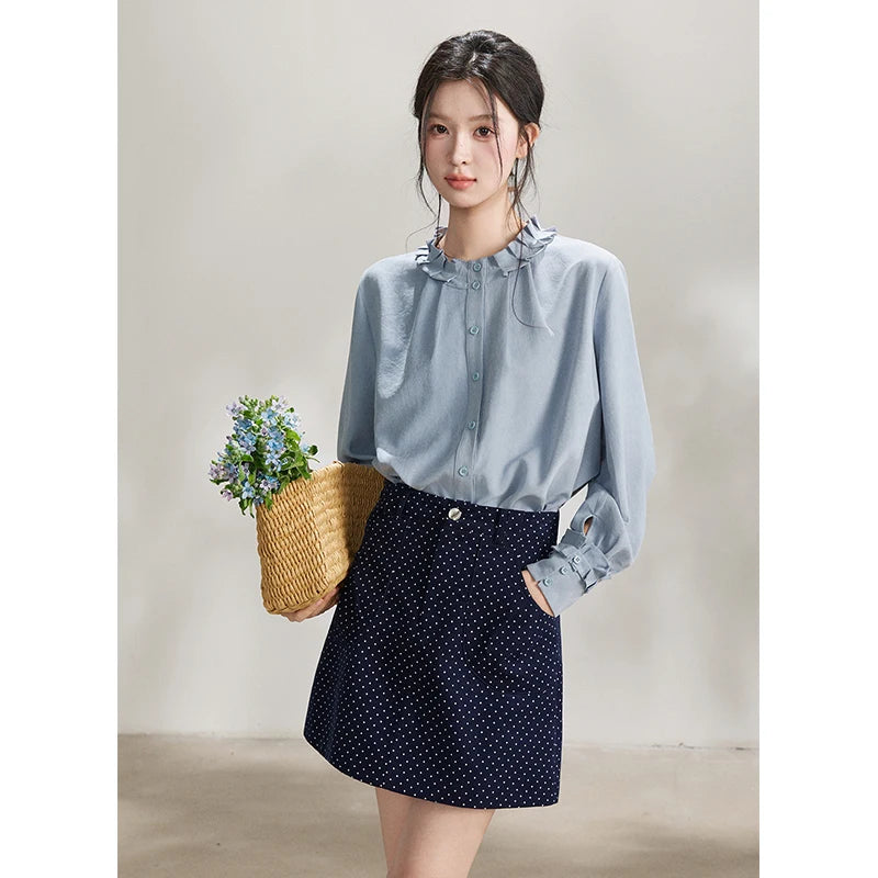 MISHOW Peach Skin Solid Shirt Ruffled Crew Neck MXF11C2431