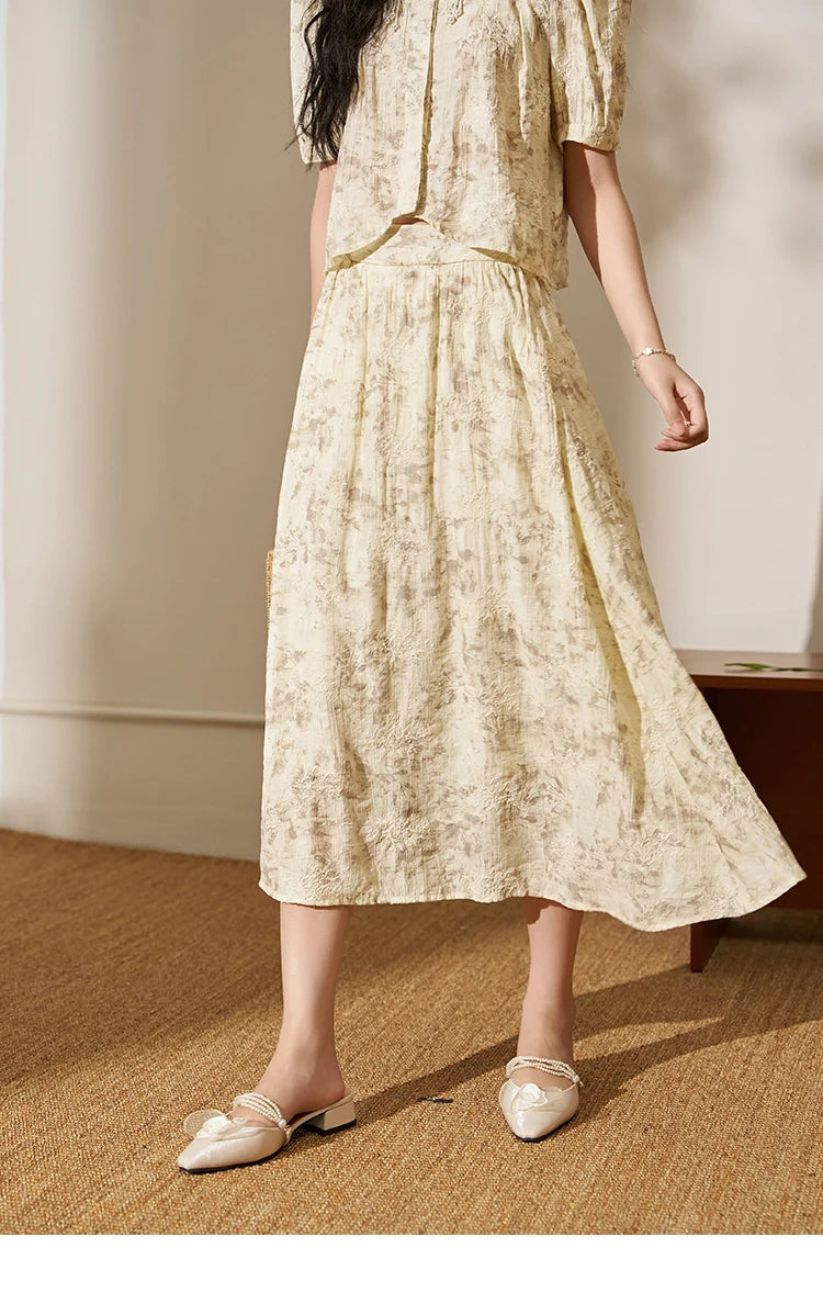 Mishow Chinese Embroidered Puff Sleeve Top & A-Line Skirt Set MXD24X1405