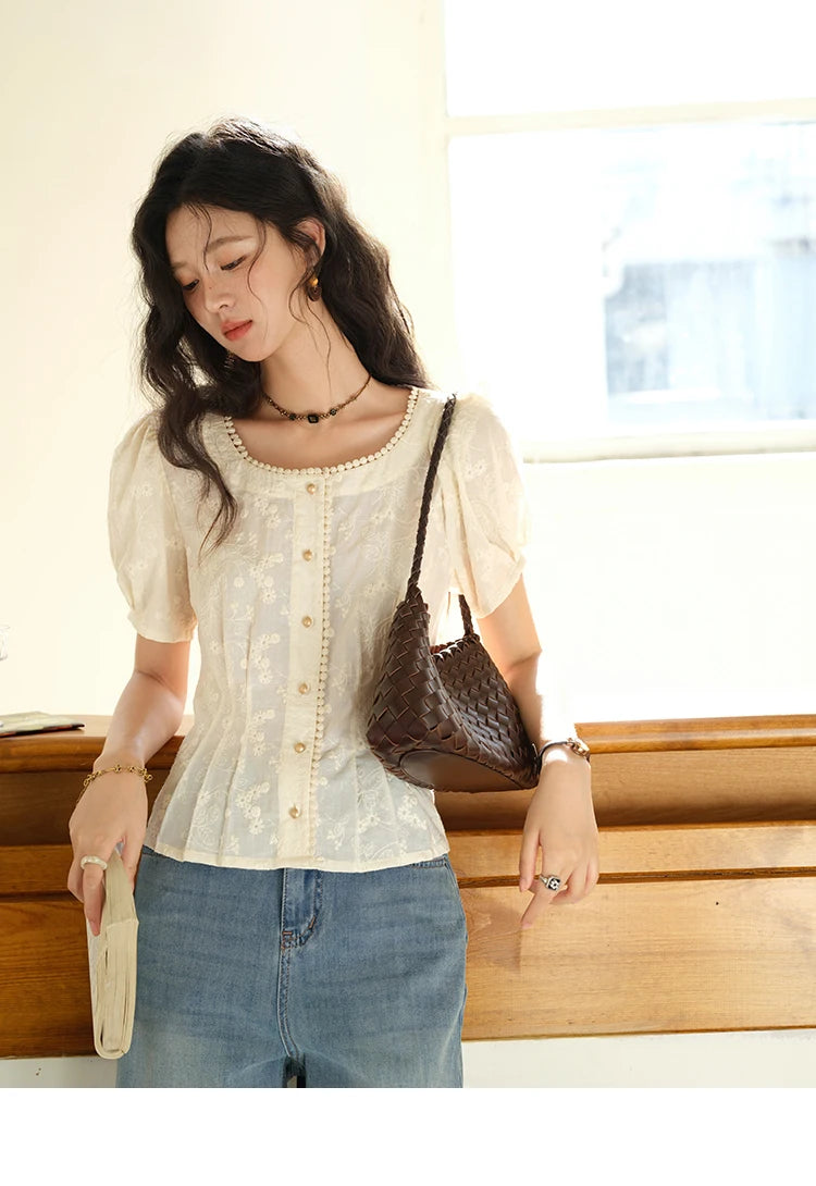 MISHOW Embroidery Cotton Shirt Puff Sleeve Button MXE39X1979