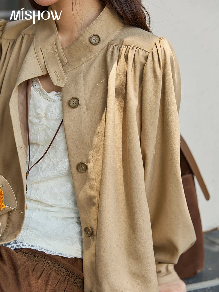 Mishow British Light Brown Stand Collar Trench MXE43W0802