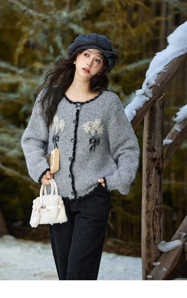Mishow Wool Blend Bouquet Embroidery Color Clash Cardigan MXD54Z0951