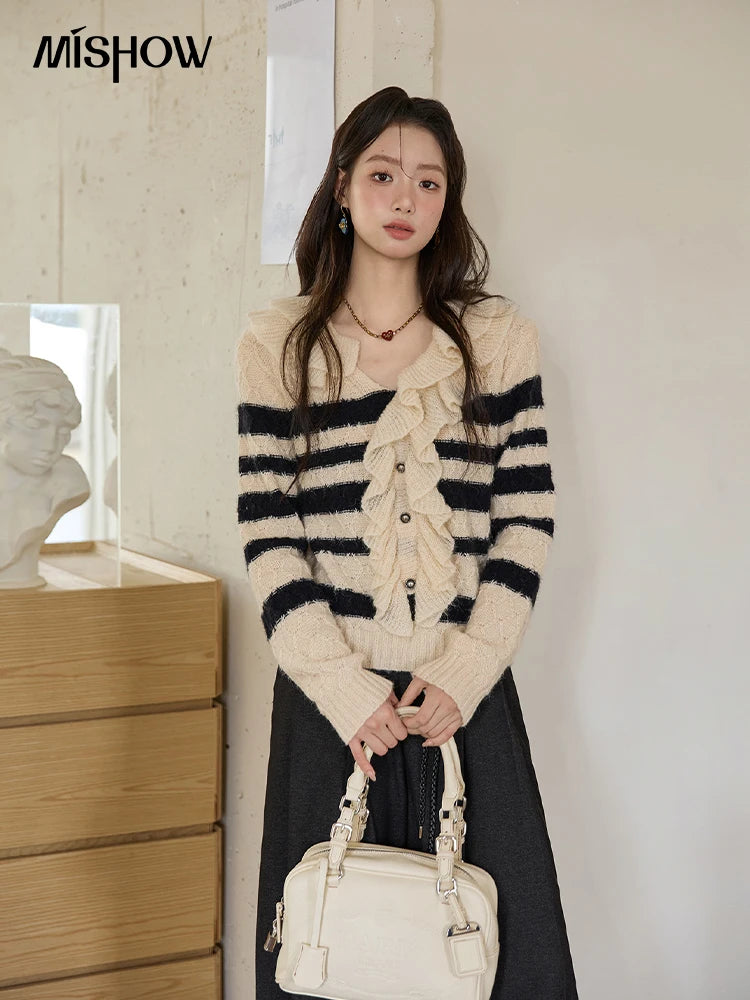 Mishow Striped Asymmetrical Ruffled Cardigan MXE51Z2633