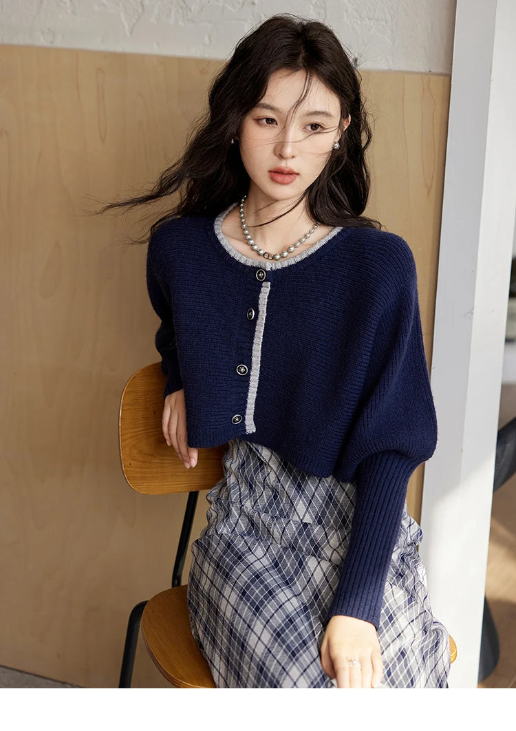 Mishow French Knitted Cardigan & Plaid Camisole Dress Set MXD43L2012