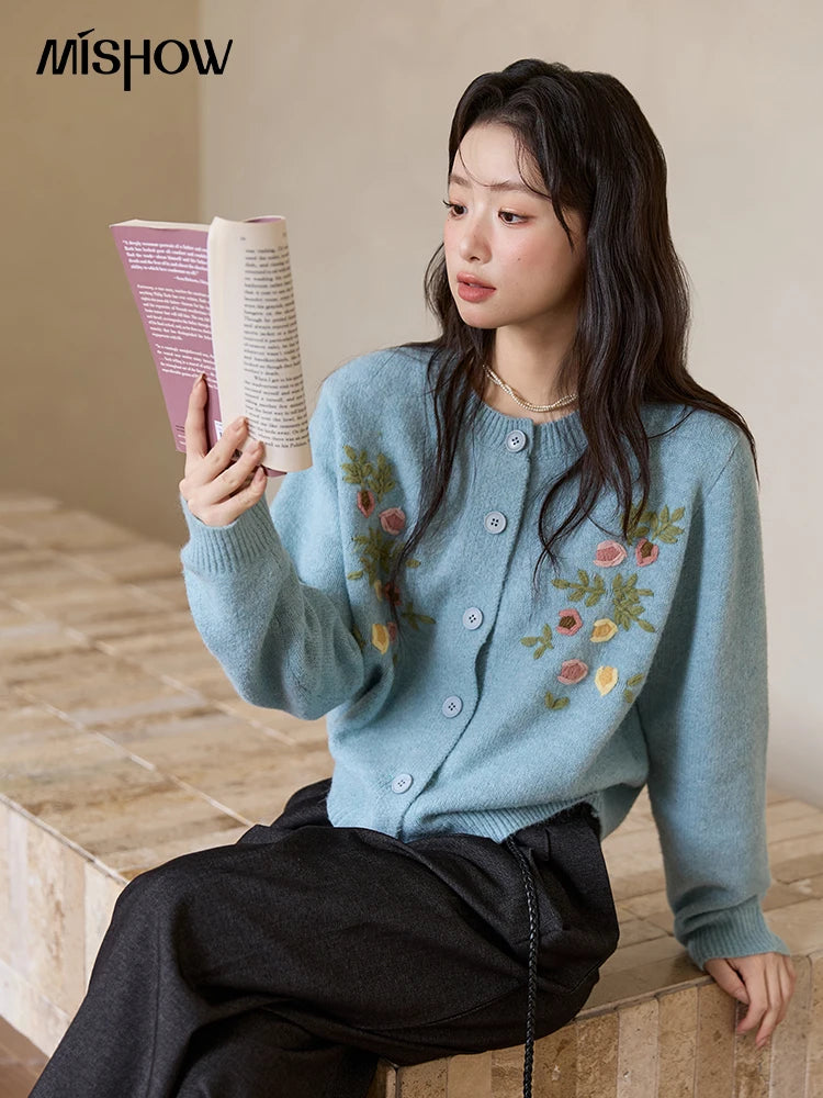 Mishow Blue Floral Embroidered Wool Cardigan MXE51Z2695