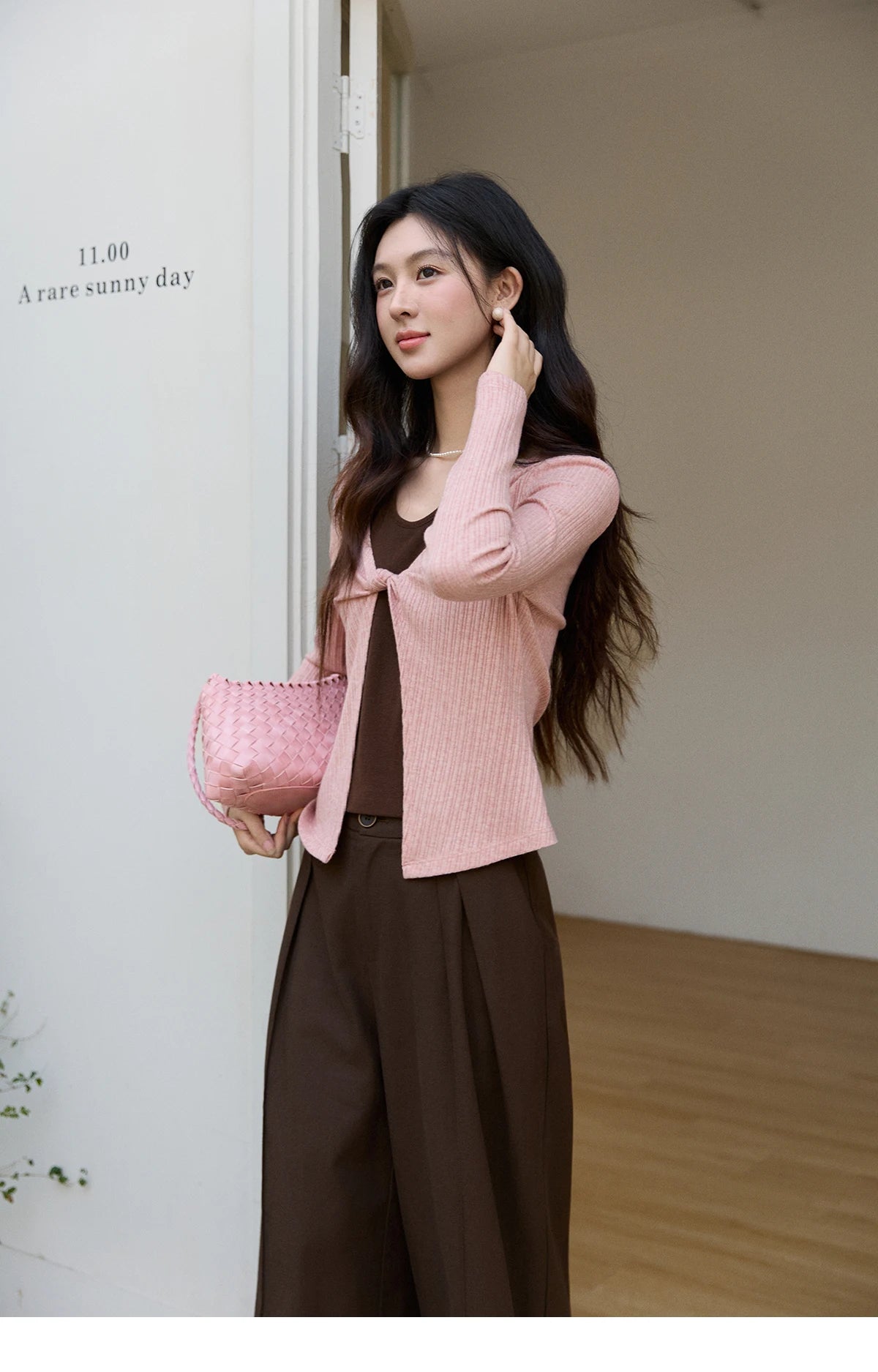 Mishow Pink Brown Fake Two-Piece Knot Front Top MXF11Z2912