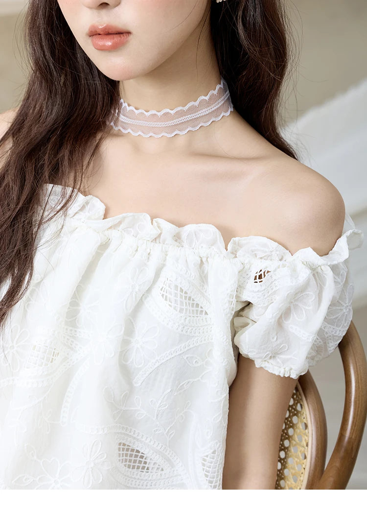 MISHOW Slash Neck Lace Blouse Short Sleeve Solid MXE35X1775