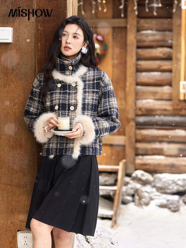 Mishow Vintage Plaid Fur Collar Stand Collar Jacket MXD36W0503