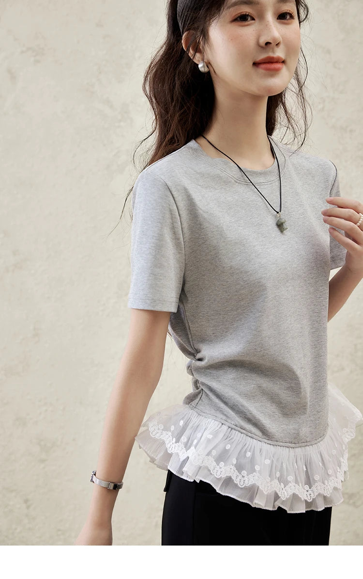 Mishow Lace Hem Splicing Round Neck Tee MXE31T0528