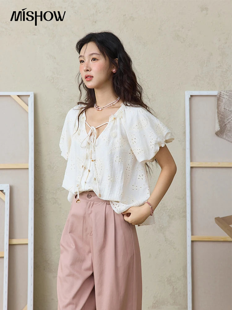 MISHOW Embroidery Jacquard Shirt V-Neck Lace Up Puff Sleeve MXE35X1790