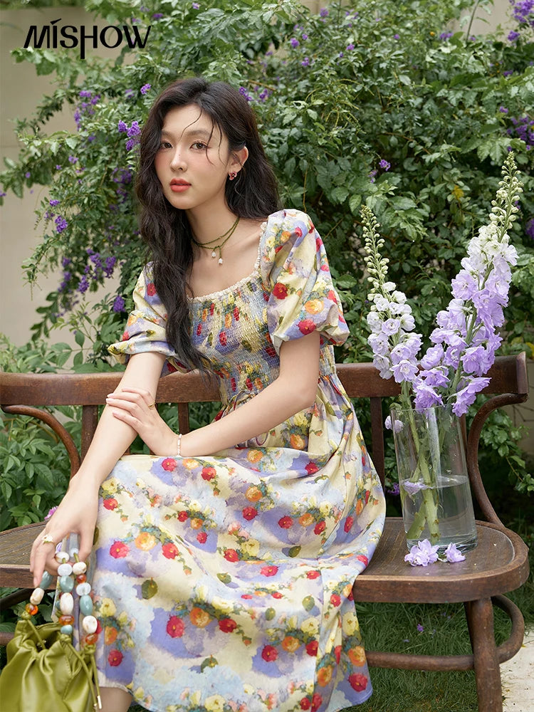 Mishow Floral Smocked Puff Sleeve Beach Dress MXD24L1905