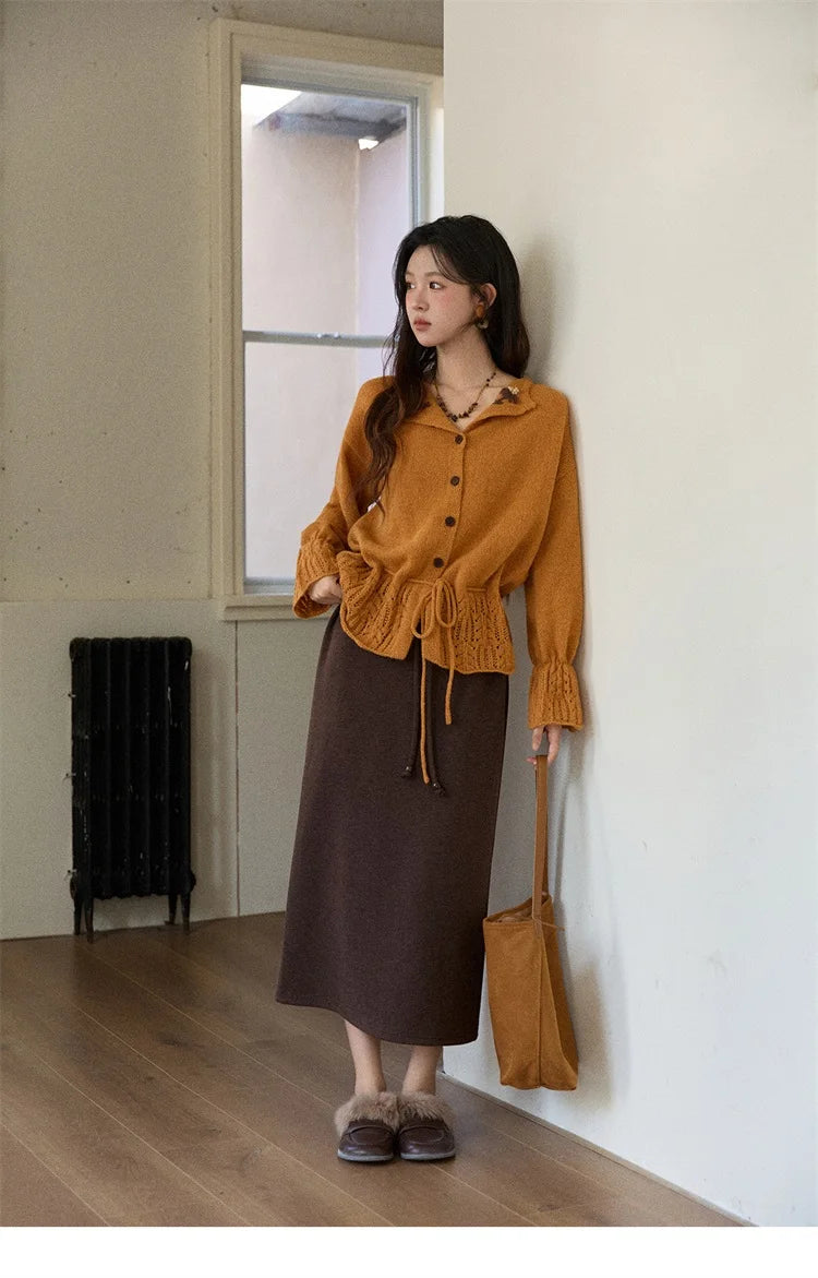 Mishow Orange Openwork Crochet Flared Sleeve Cardigan MXE87Z2685