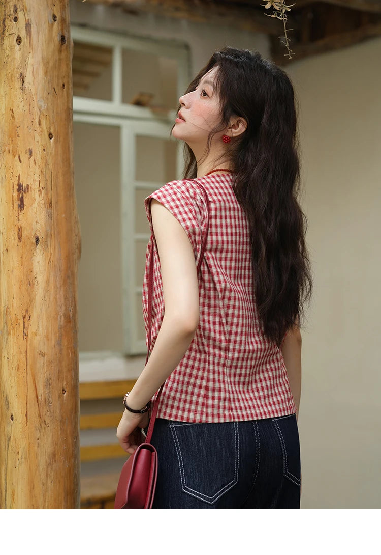 MISHOW Red Plaid V-Neck Shirt Button Front MXE37X1921