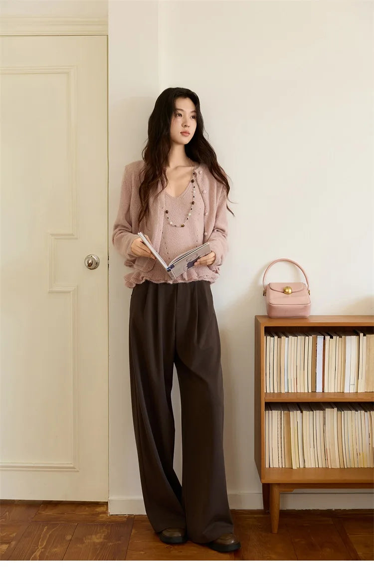 Mishow Pink Crew Neck Cardigan & Suspenders Set MXE48T1404