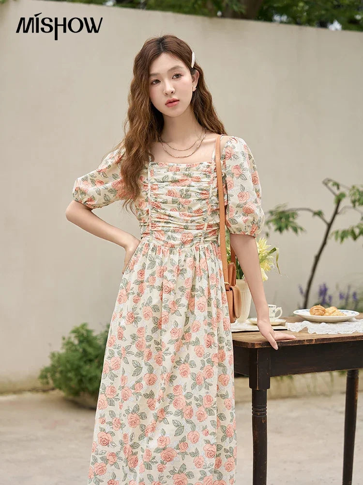 Mishow 100% Cotton Floral Puff Sleeve Dress MXC33L1397