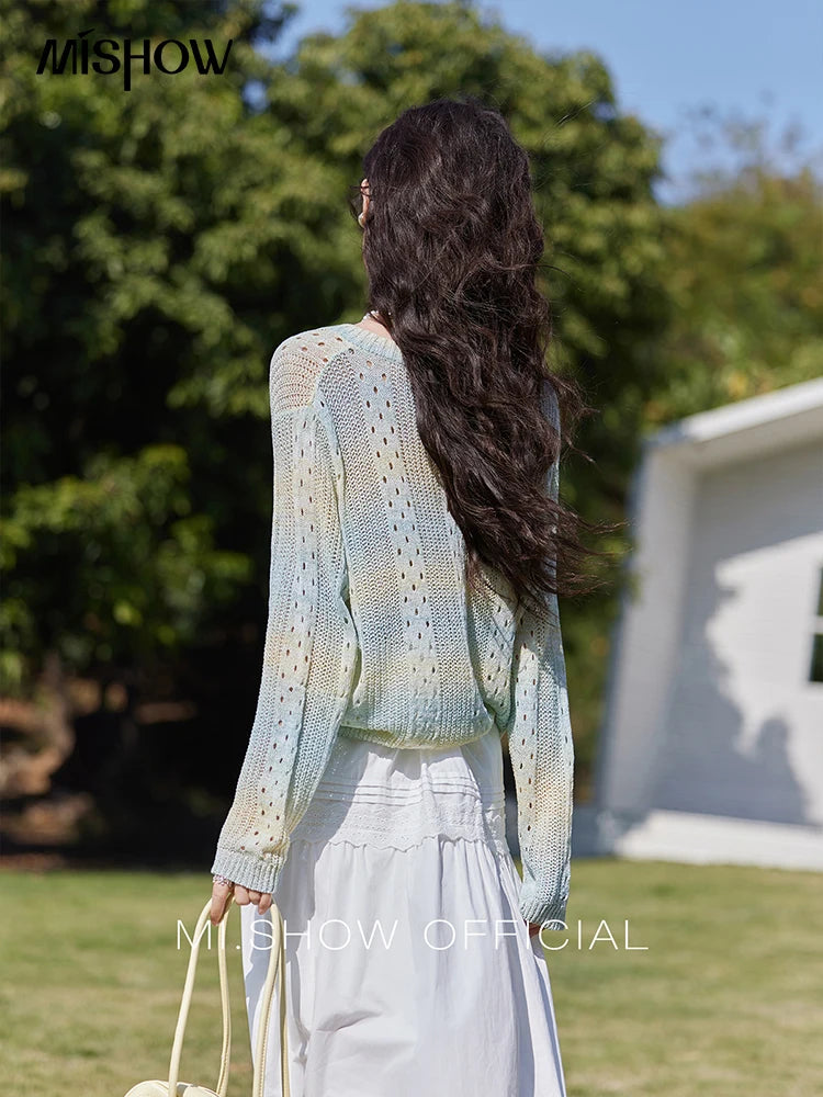 Mishow Gradient Blue Green V-Neck Drawstring Sweater MXE16Z1171
