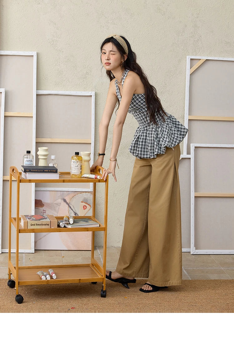MISHOW Cotton Khaki Lace Patchwork Wide Leg Pants High Waist MXE34K0925