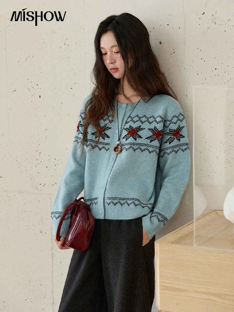 Mishow Blue Geometric Fair Isle Cardigan MXE86Z2734
