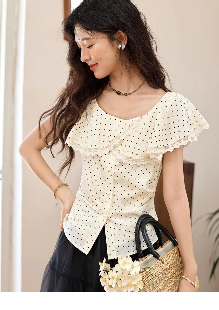 MISHOW Apricot Polka Dot Shirt Ruffle Edge Patchwork Lace MXE34X1783