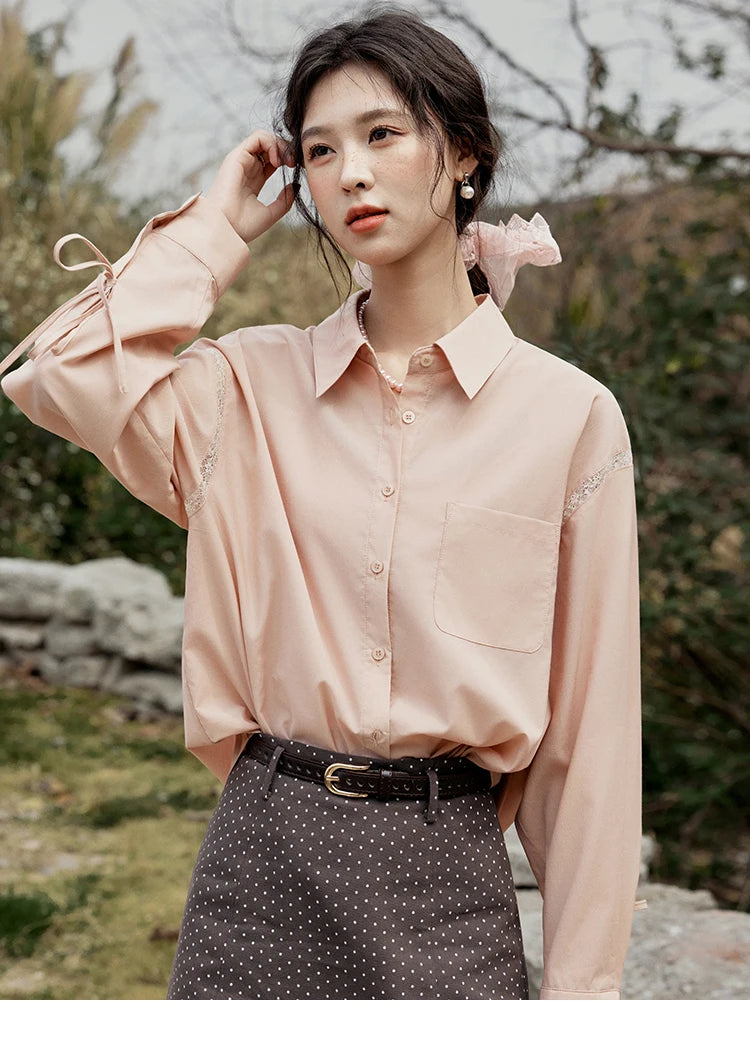MISHOW Pink Long Sleeve Shirt Lace Bow Tie MXE16C0767