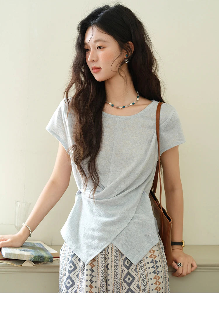 MISHOW Round Neck Knitted T-Shirt Irregular Design Button MXE39T0709