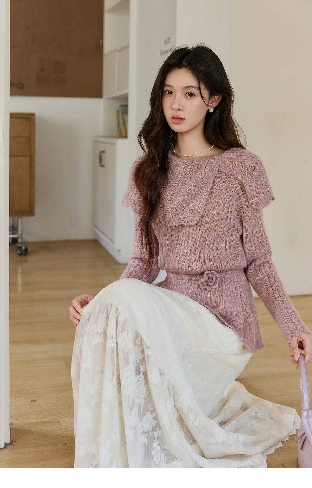 Mishow Pink Large Collar Lace Belted Pullover MXF11Z2901