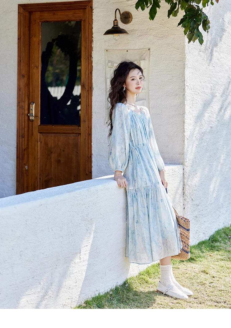 Mishow Blue Floral Chiffon Drawstring Lantern Sleeve Dress MXE16L2114