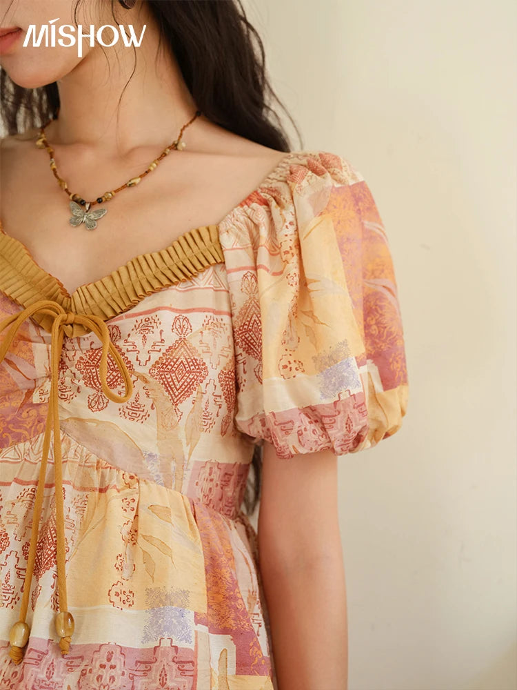MISHOW V-Neck Lace Up Patchwork Blouse Puff Sleeve Floral Print MXE38X1911