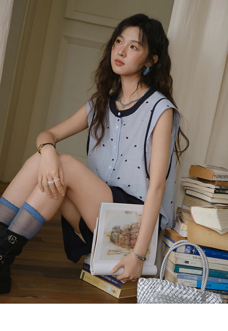 Mishow Sleeveless Button Shirt & High Waist A-Line Shorts Set MXE37T0656