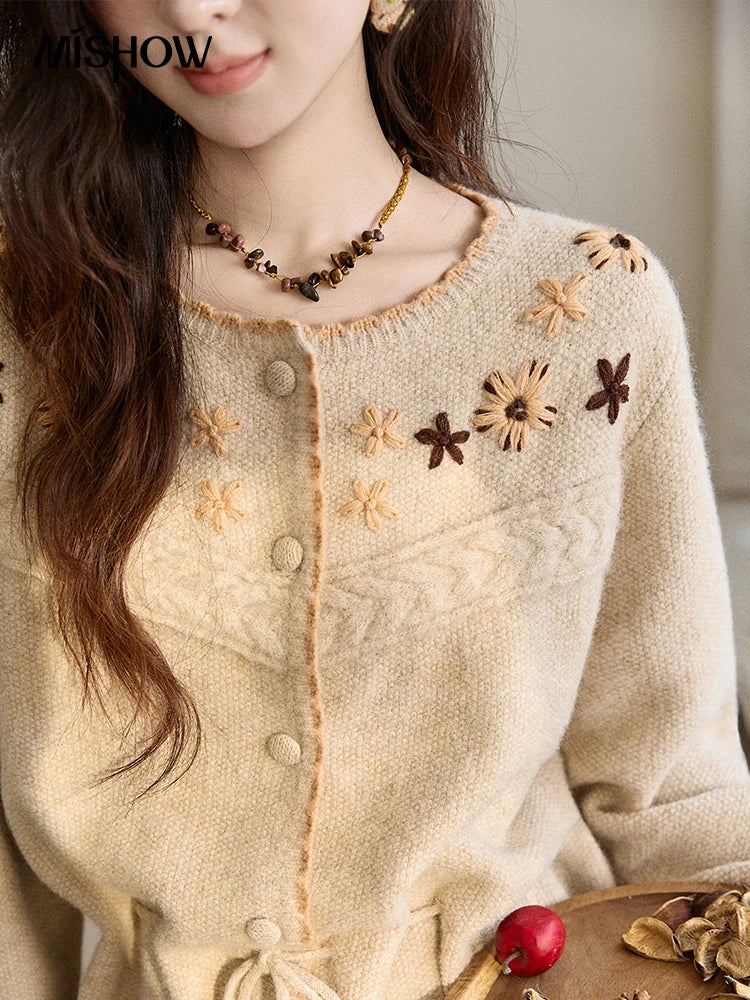 Mishow Apricot Hand-Embroidered Wool Blend Waist Tie Cardigan MXE87Z2702