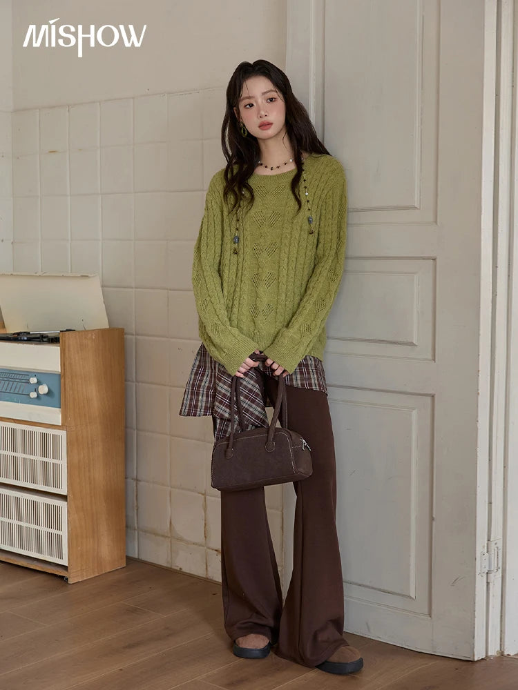 Mishow Green Retro Twisted Rope Hollow Pullover MXE49Z2520