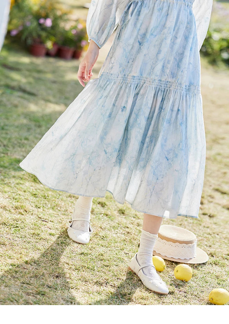 Mishow Blue Floral Chiffon Drawstring Lantern Sleeve Dress MXE16L2114