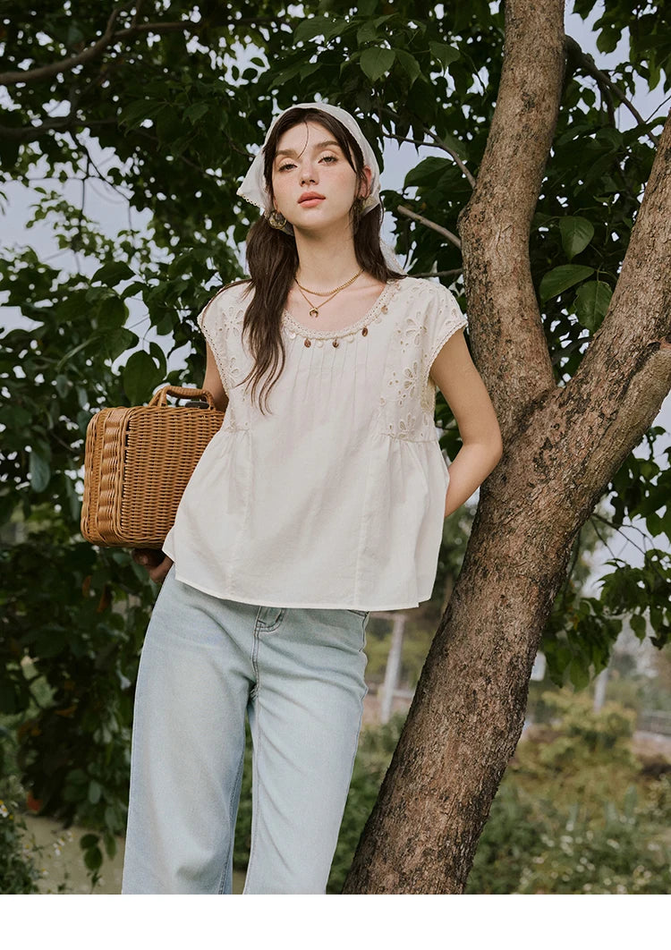 MISHOW Solid Short Flying Sleeve Blouse Round Neck Hollow Lace MXE33X1778