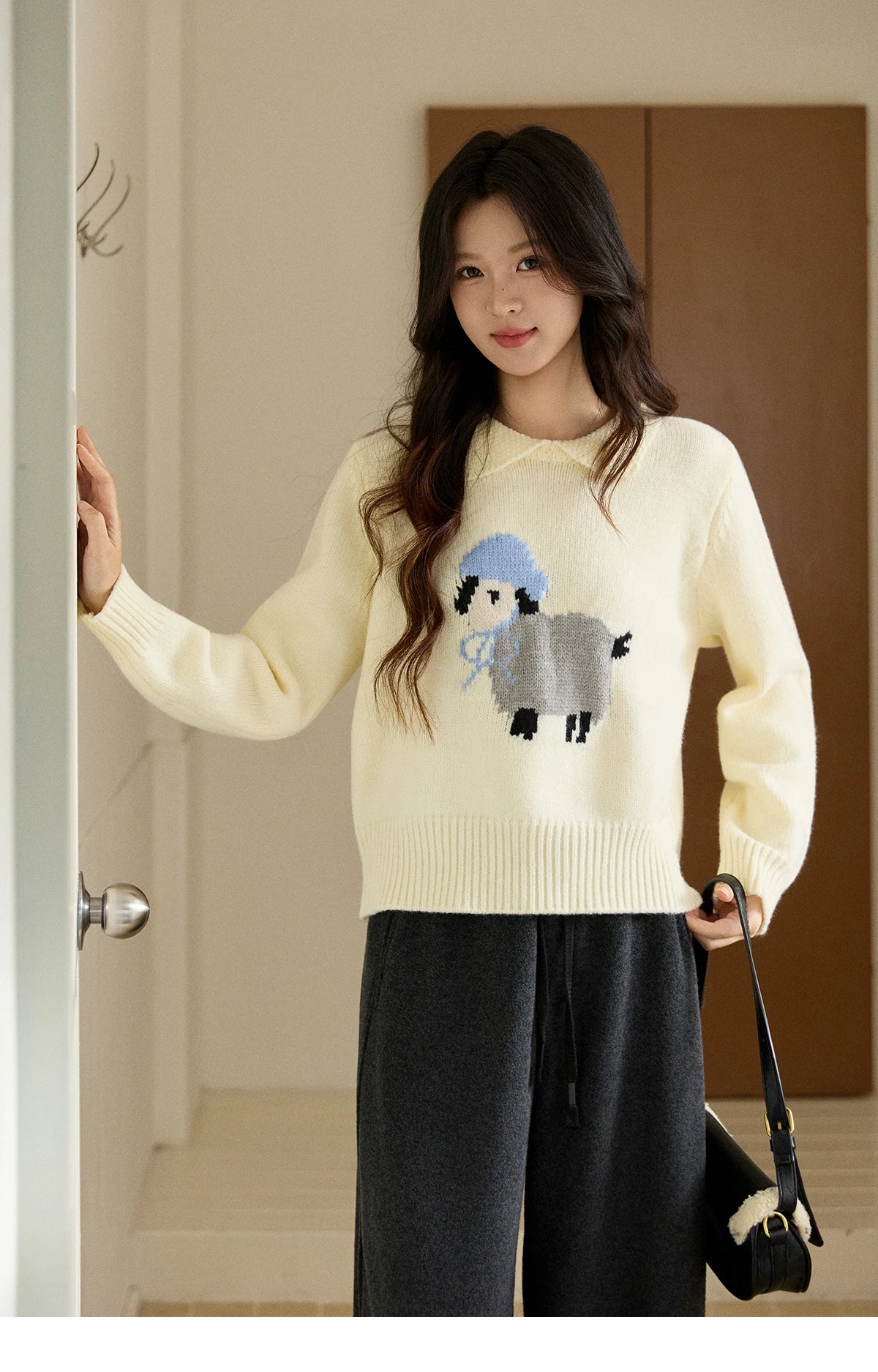 Mishow Beige Sheep Pattern Round Collar Sweater MXE94Z2962