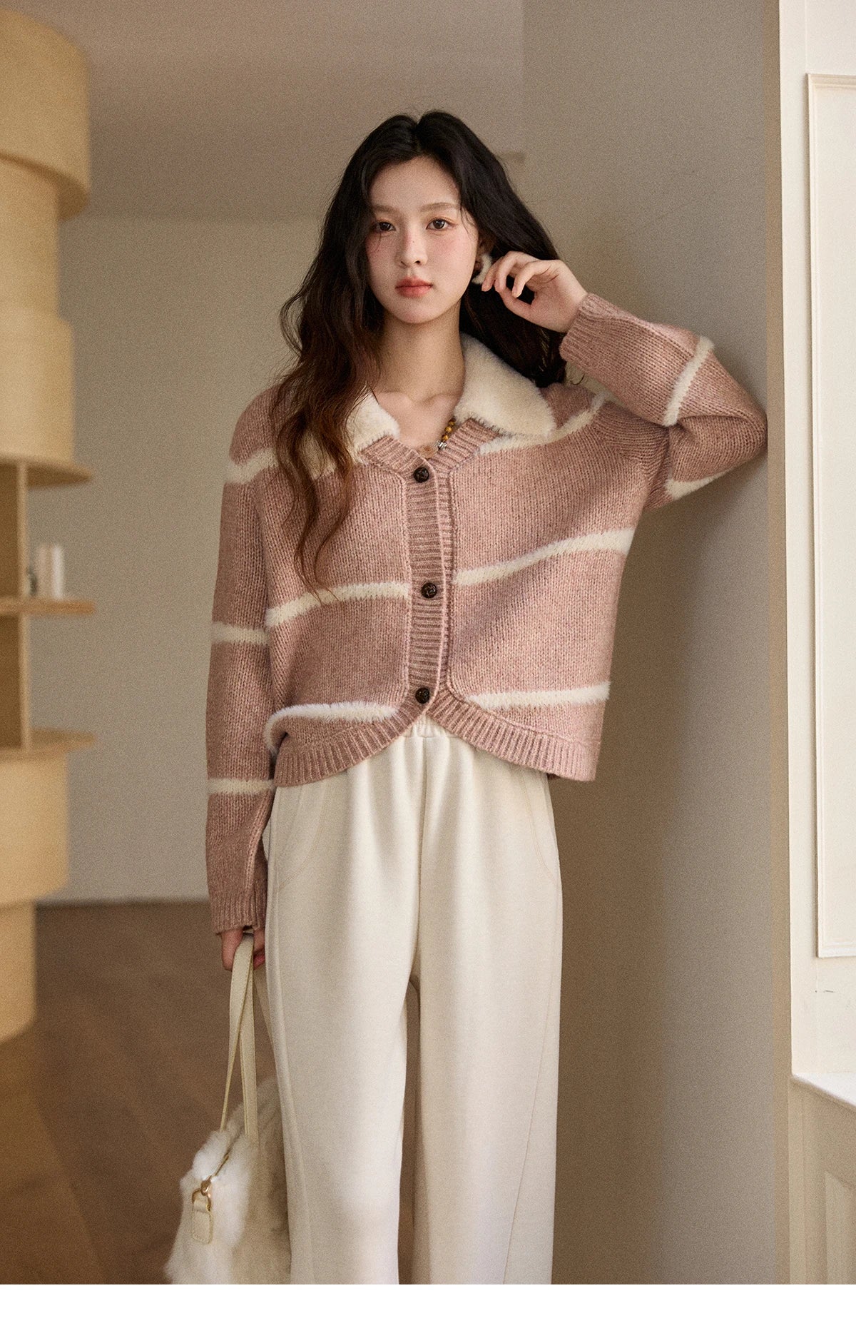 Mishow Faux Mink Turn-Down Collar Striped Cardigan MXE89Z2668